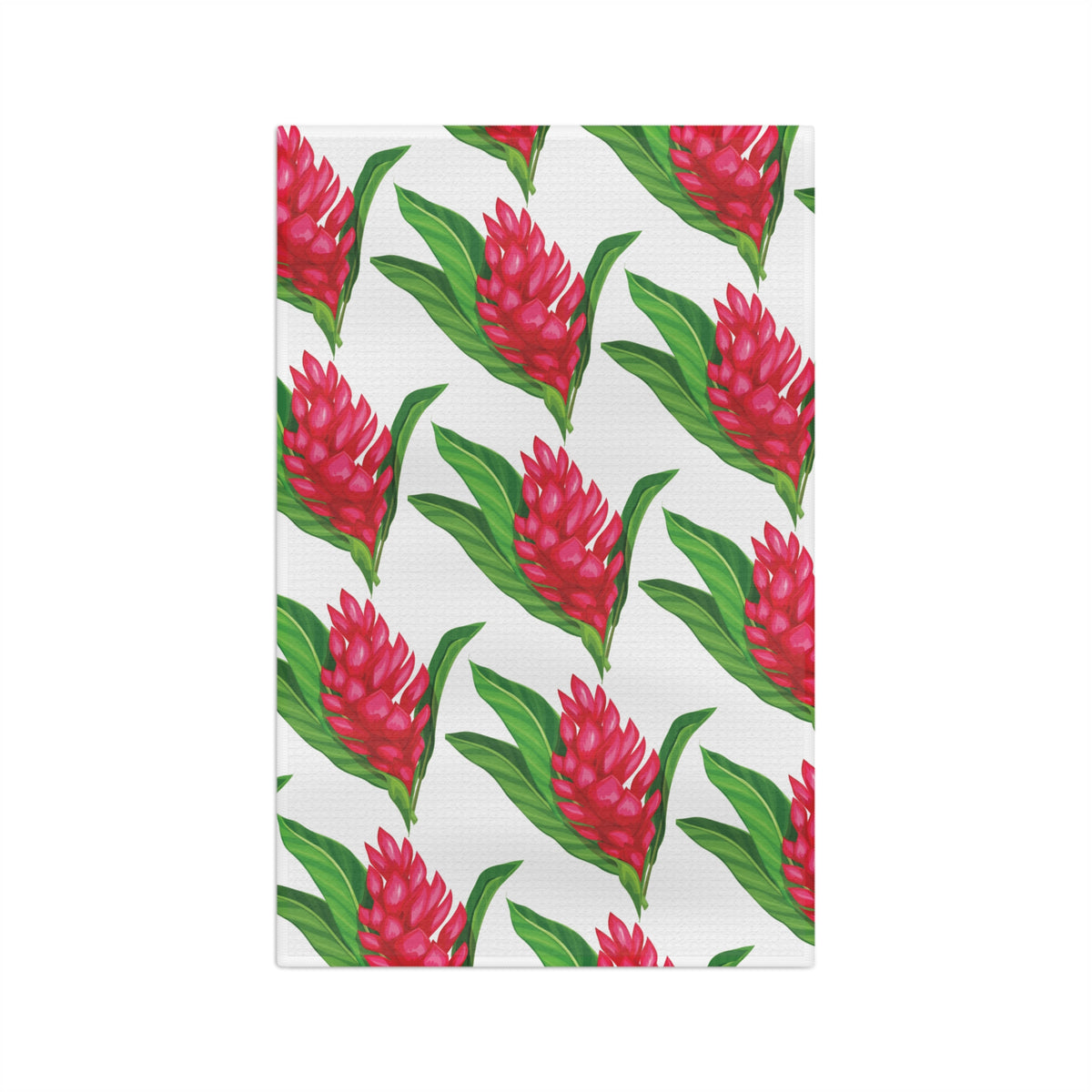 Red ginger Hawaiʻi kitchen towel with bright red tropical flowers and green leaves on white