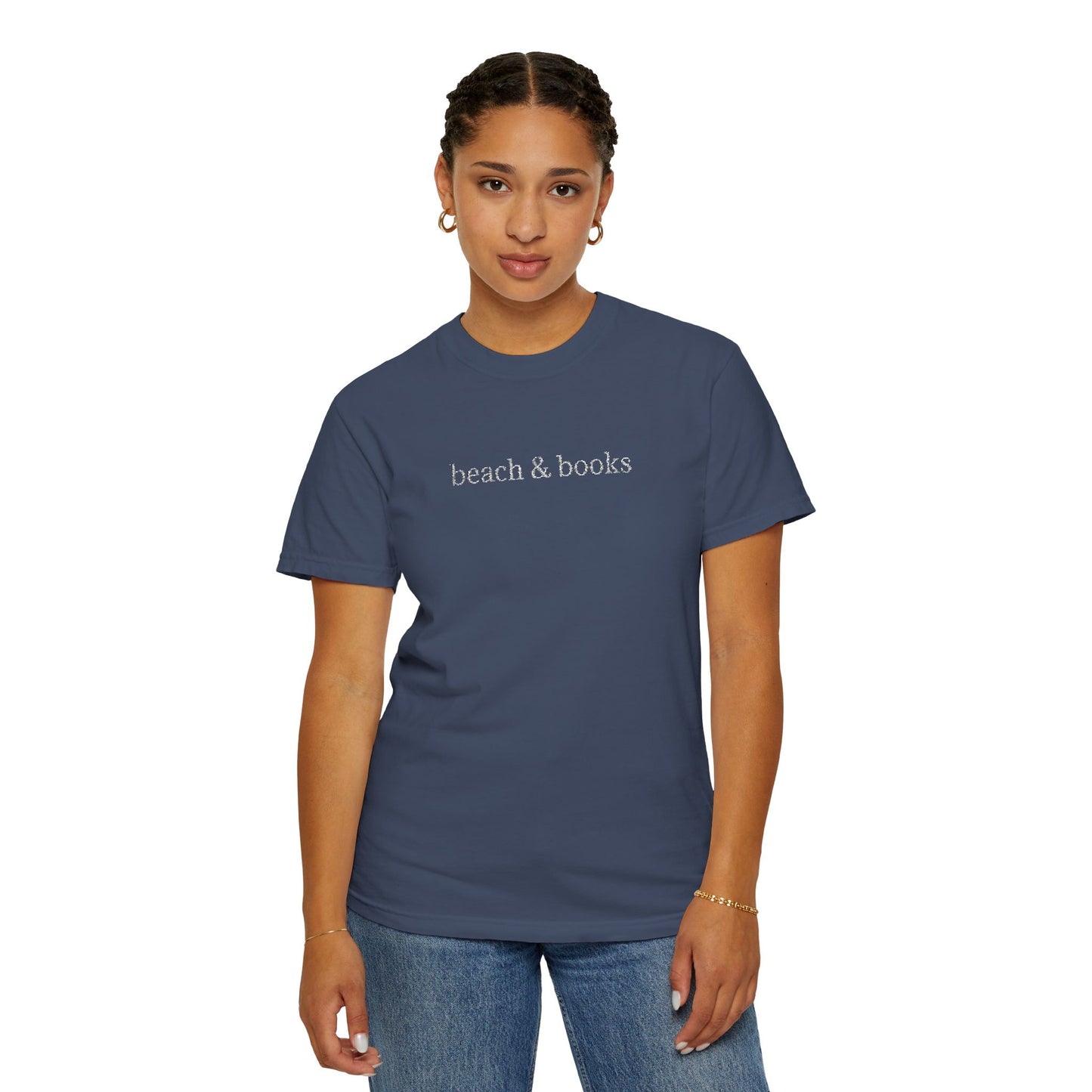 Beach & Books Embroidered Tee – Comfort Colors Unisex T-Shirt