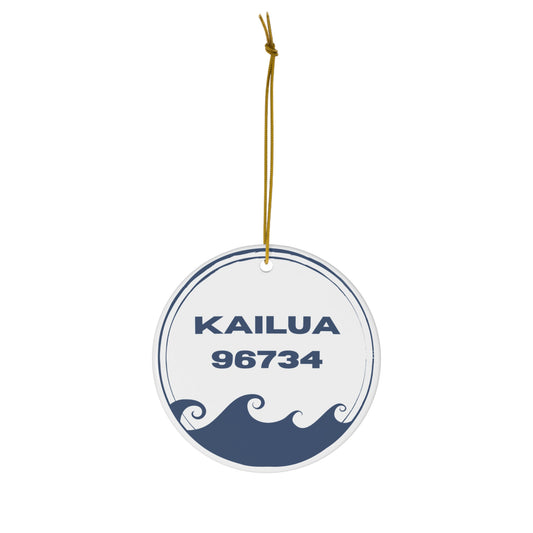 White ceramic ornament with navy Kailua 96734 lettering and ocean wave design, printed on both sides.