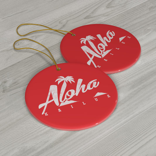 Red Aloha Kailua ceramic Christmas ornament with white palm tree and island graphic, printed on both sides.