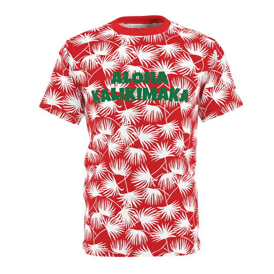 Red and white fan palm Hawaiian Christmas tee with green Aloha Kalikimaka lettering