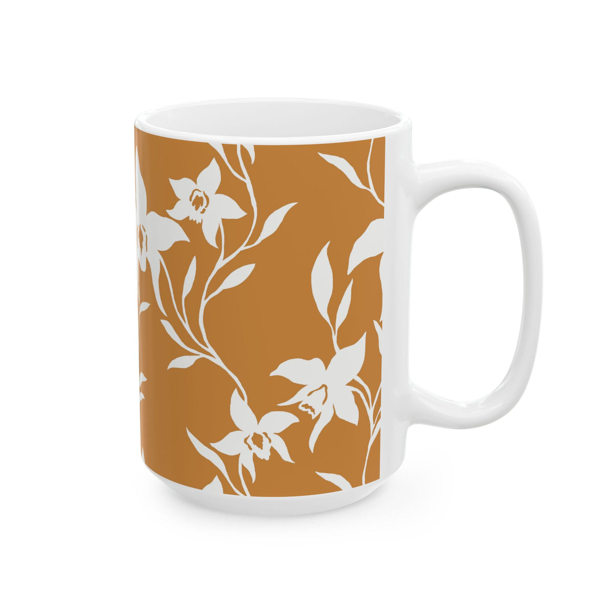 A white ceramic mug featuring a warm brown-orange side panel printed with a white floral vine pattern, shown on a clean white background.