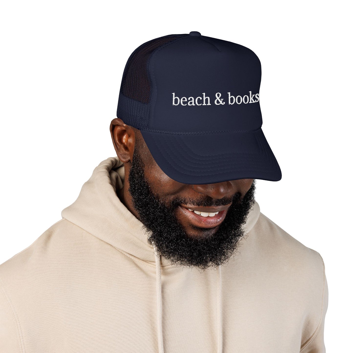 Beach & Books Foam Trucker Hat – Embroidered Island Style