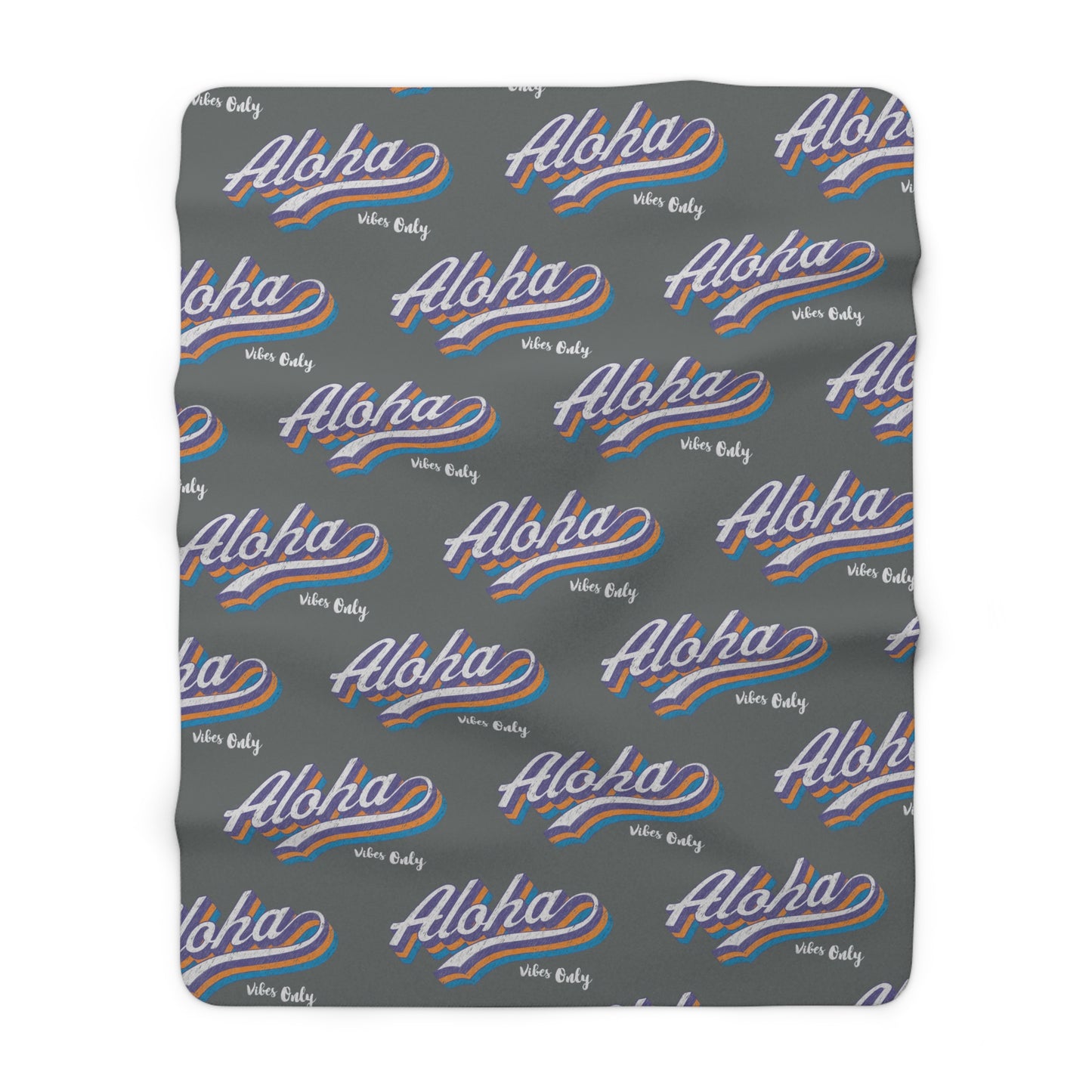 Aloha Vibes Only sherpa fleece blanket with retro island-inspired all-over print on charcoal gray