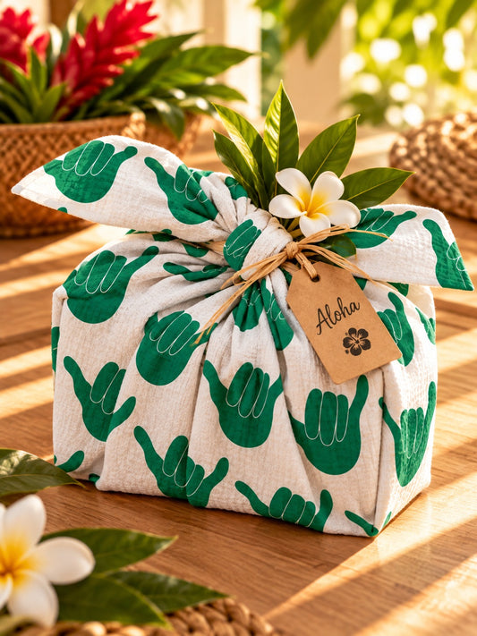 Green shaka kitchen towel wrapped around a gift box with raffia and tropical flowers.
