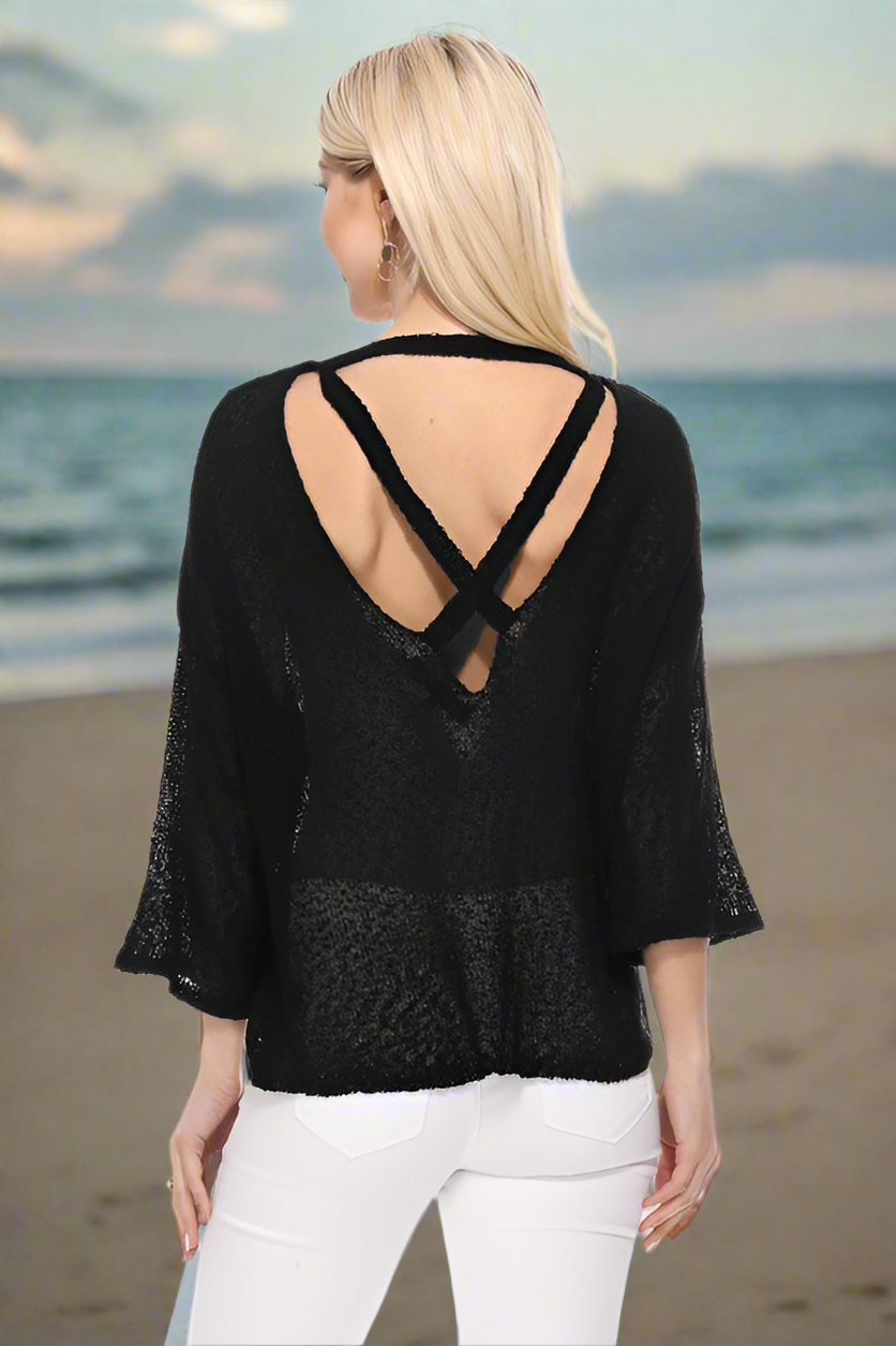 Black Cross-Back Sweater – Scoop Neck & 3/4 Sleeve