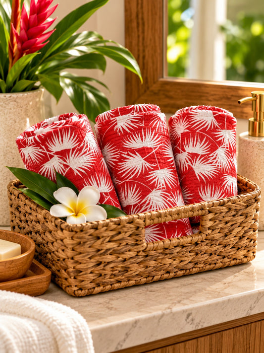 Red palm fan kitchen towels rolled in a woven basket in a tropical bathroom setting.