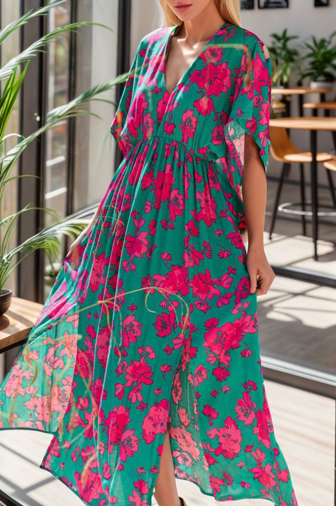 Bright Floral V-Neck Maxi Slit Dress Global Village Kailua Boutique