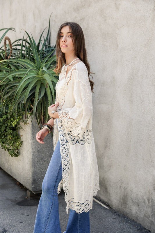 Crochet Open Patch Longline Kimono - Global Village Kailua Boutique