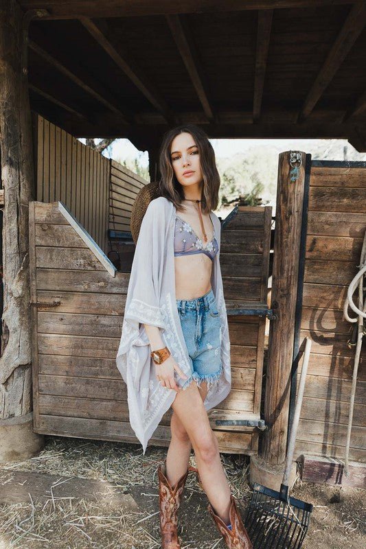 Floral Embroidered Sleeves Kimono - Global Village Kailua Boutique
