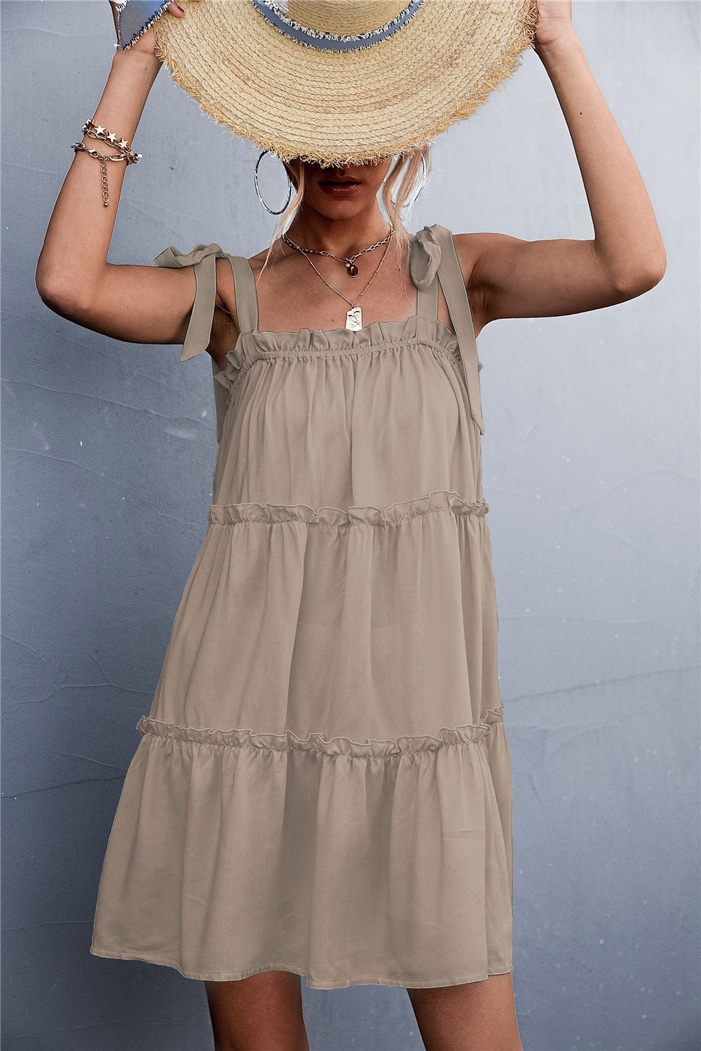 Frill Tiered Tie Shoulder Mini Dress - Global Village Kailua Boutique