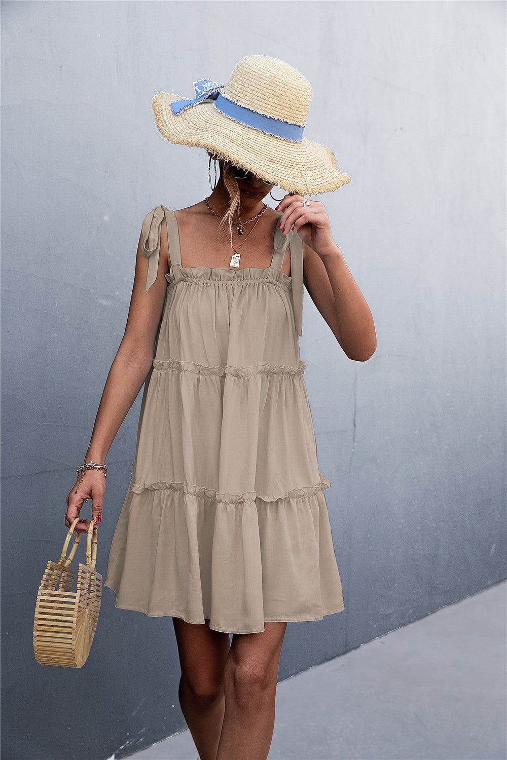 Frill Tiered Tie Shoulder Mini Dress - Global Village Kailua Boutique