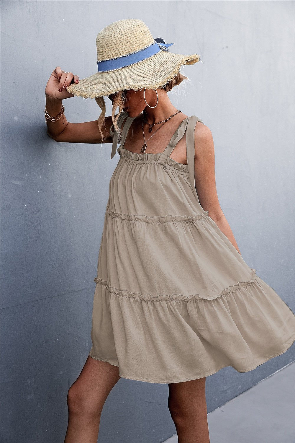 Frill Tiered Tie Shoulder Mini Dress - Global Village Kailua Boutique