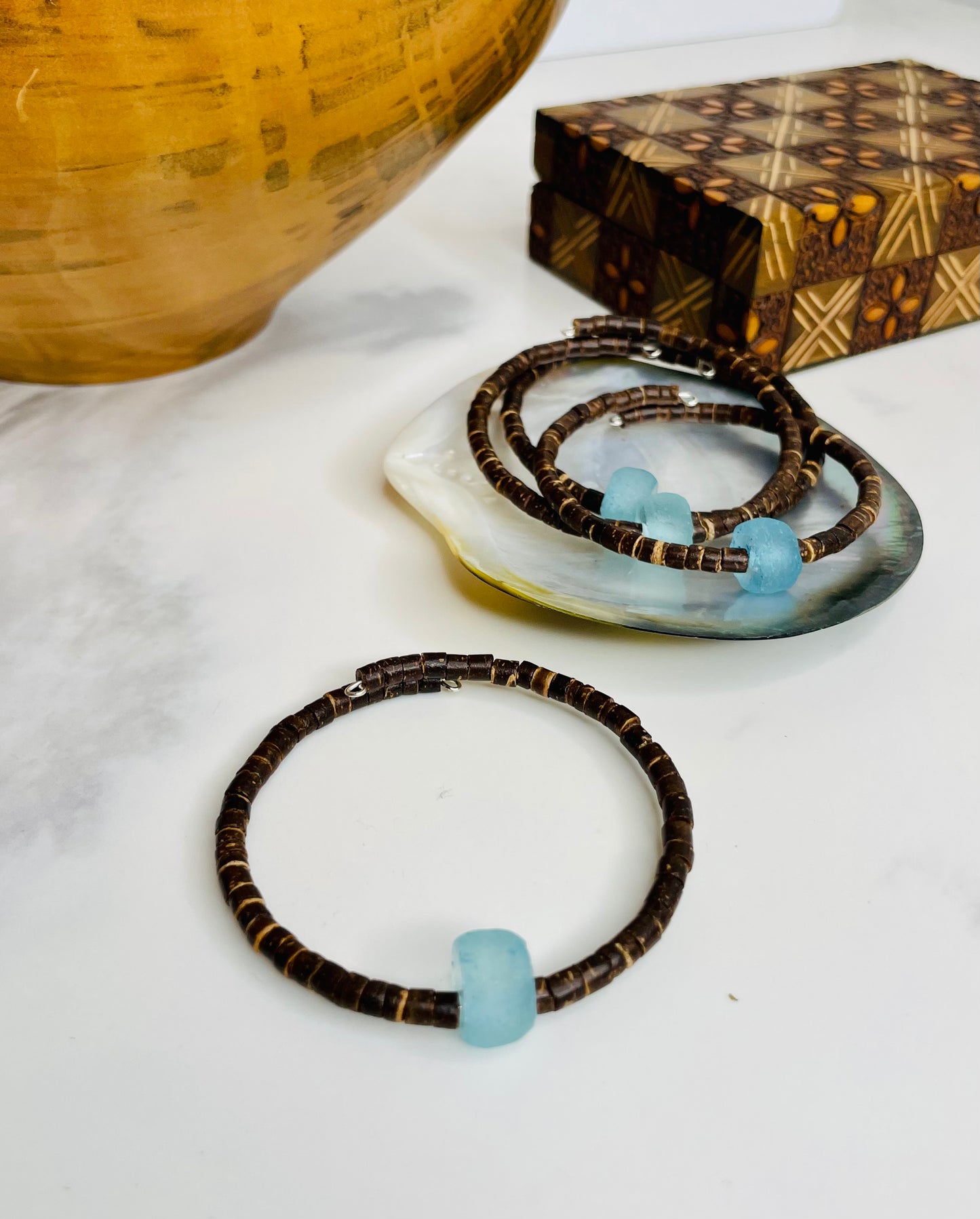 Cuff Bracelet Recycled Glass with Coconut Beads