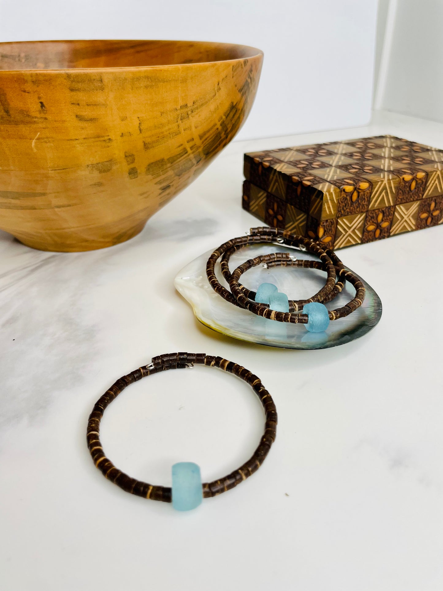 Cuff Bracelet Recycled Glass with Coconut Beads