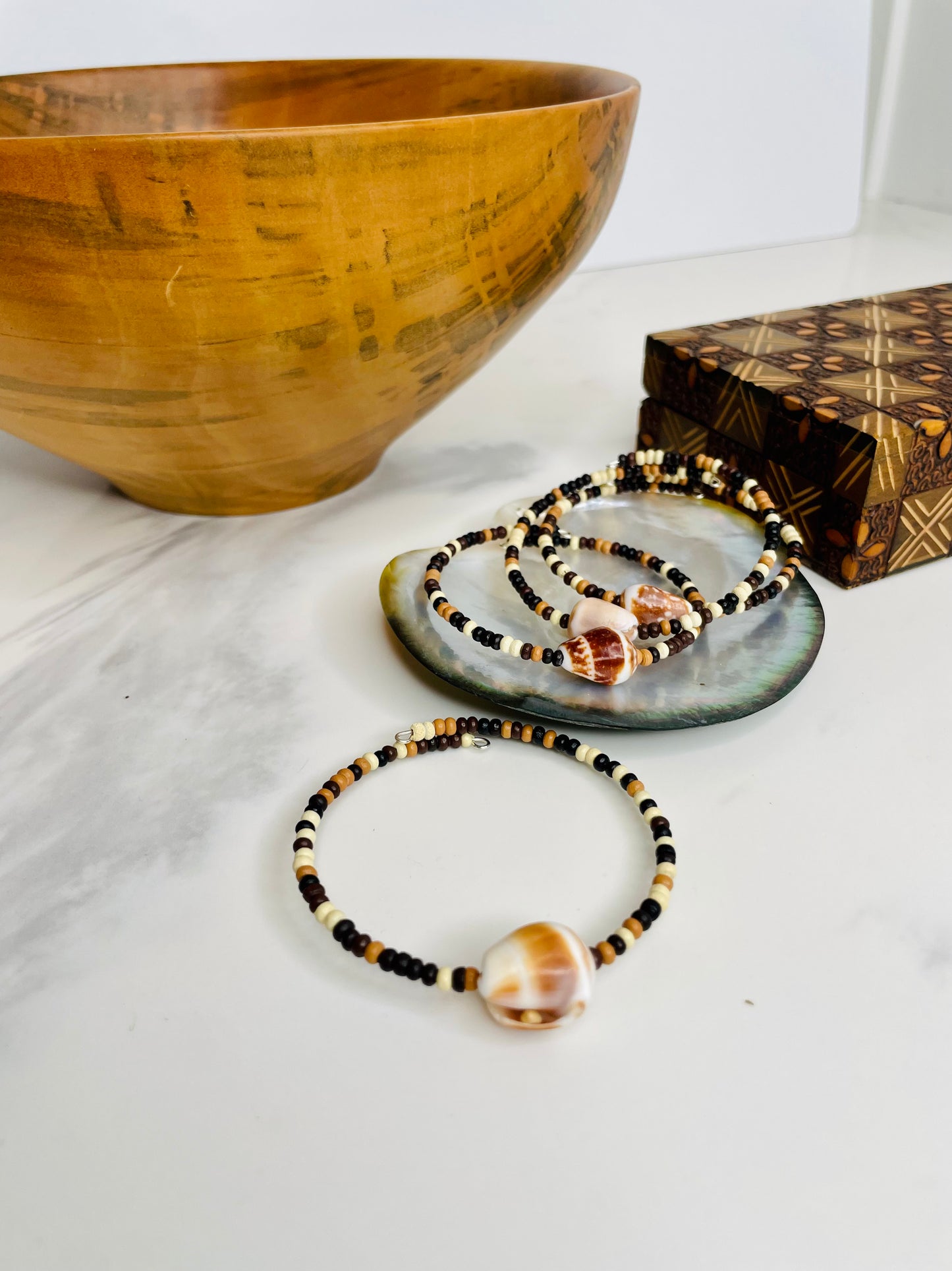 Cuff Bracelet Cone Shell Wood Beads