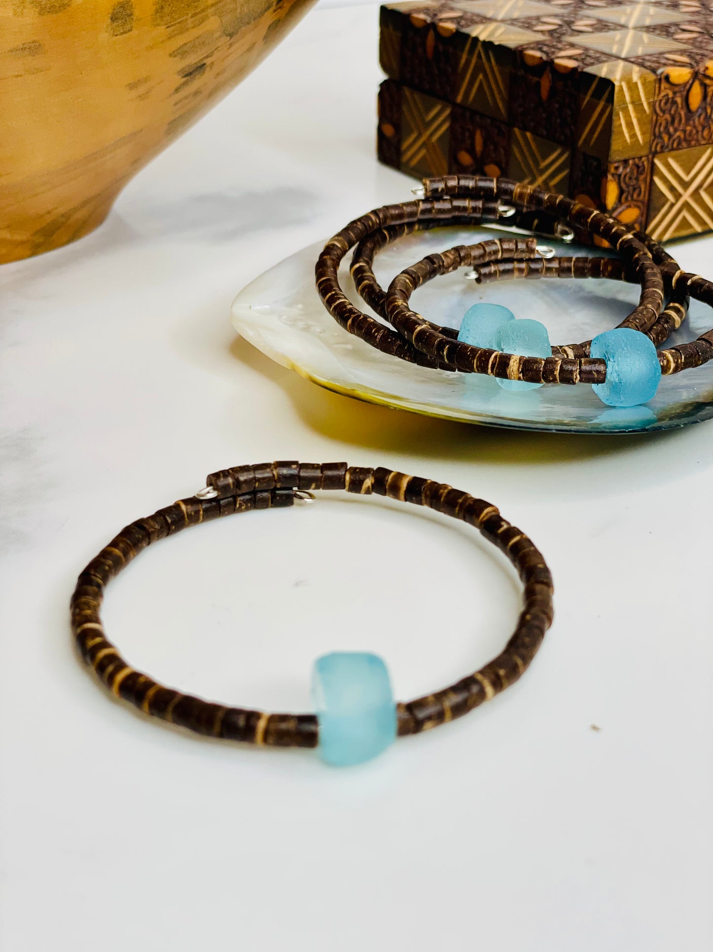 Cuff Bracelet Recycled Glass with Coconut Beads