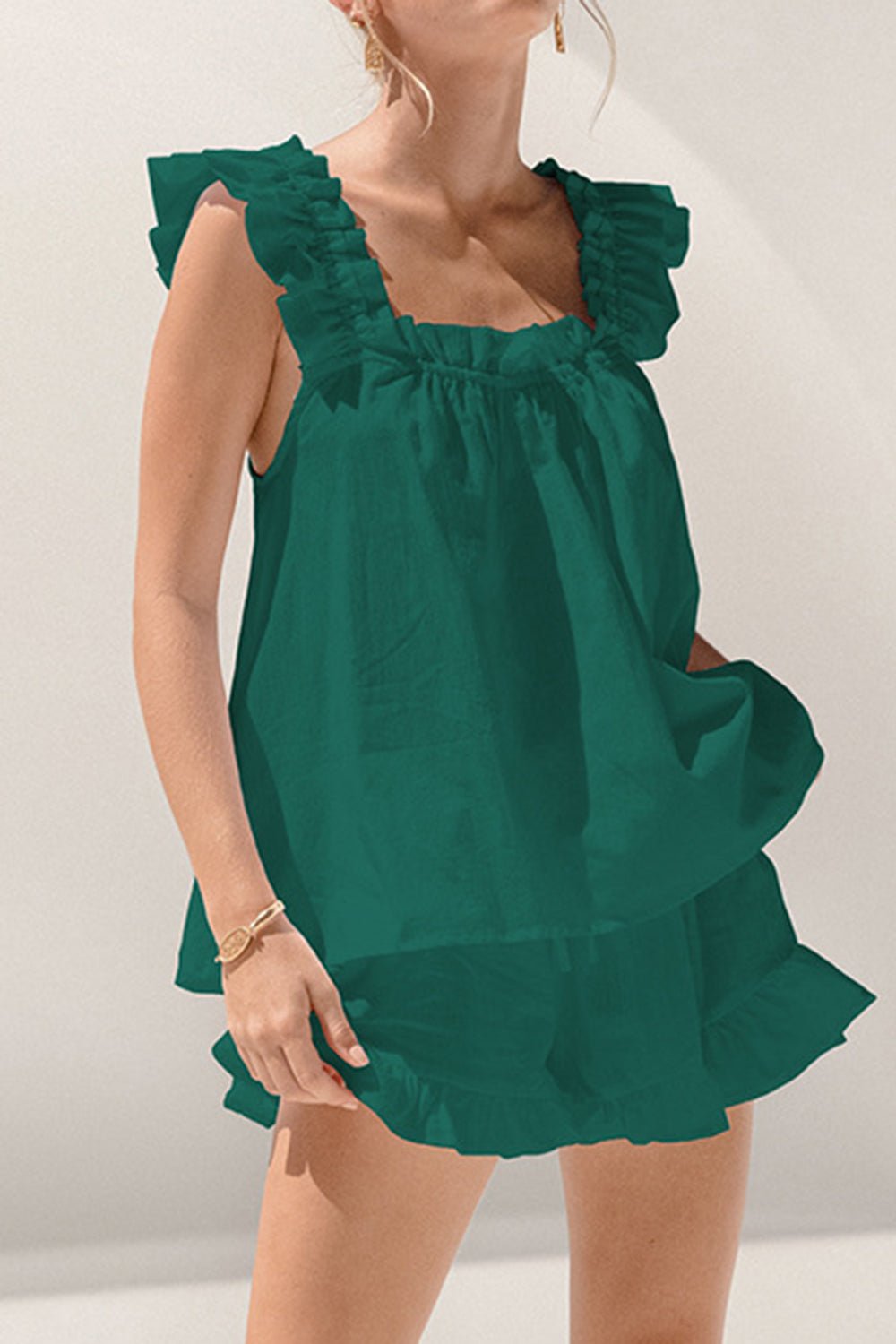 Ruffled Square Neck Top and Shorts Set Global Village Kailua Boutique