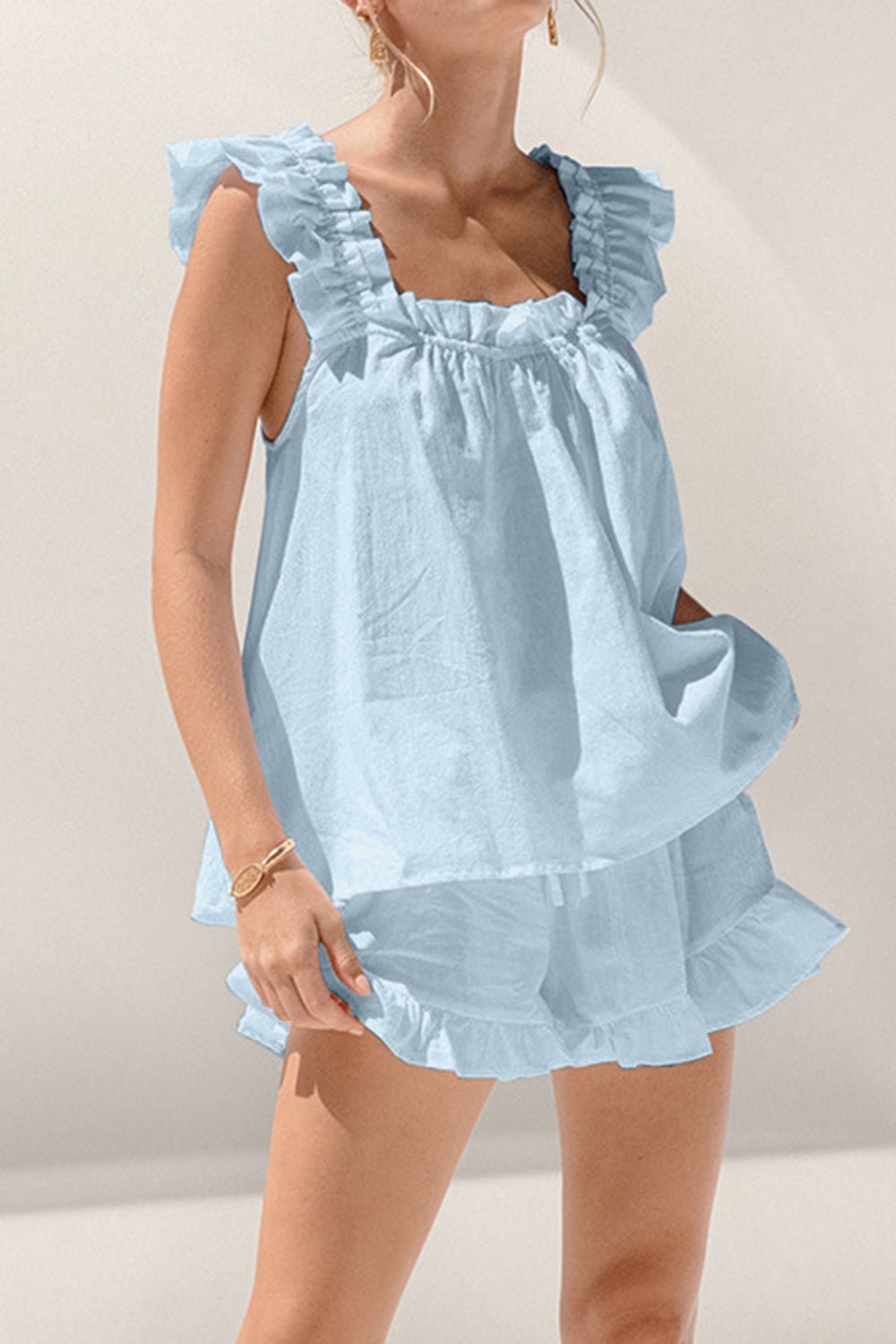 Ruffled Square Neck Top and Shorts Set Global Village Kailua Boutique