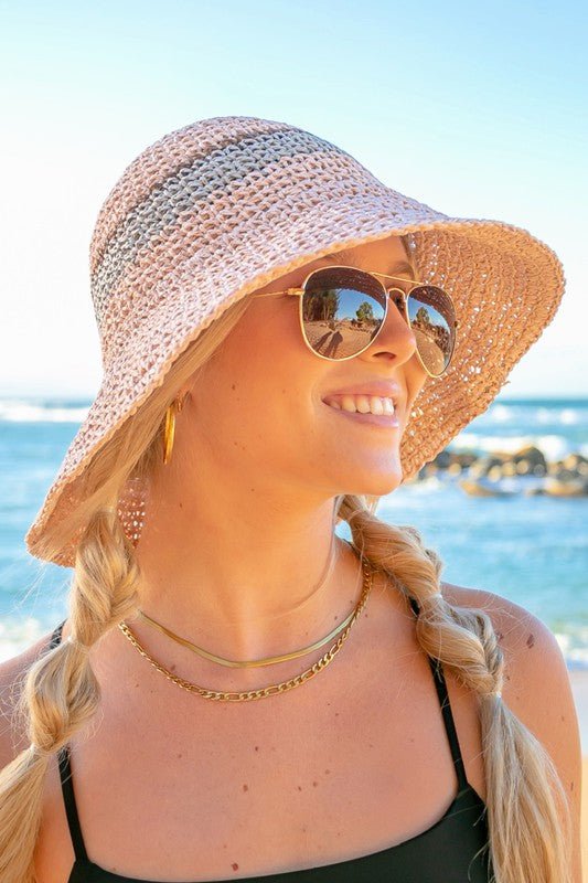 Stripe Accent Straw Bucket Hat - Global Village Kailua Boutique