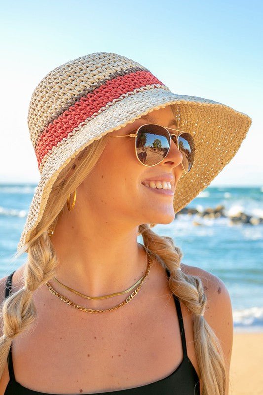 Stripe Accent Straw Bucket Hat - Global Village Kailua Boutique