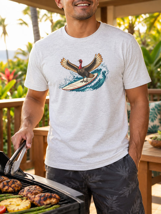 Man wearing Surfing Turkey graphic T-shirt while grilling on a tropical lanai in Hawaiʻi.