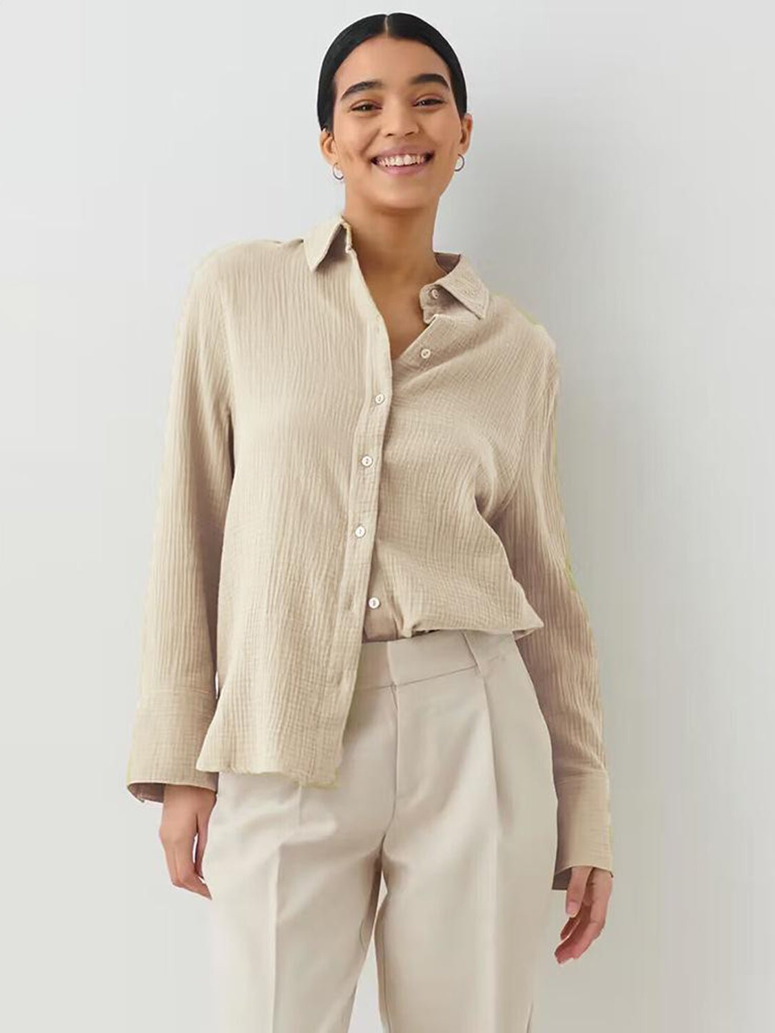 Textured Collared Neck Long Sleeve Shirt - Global Village Kailua Boutique
