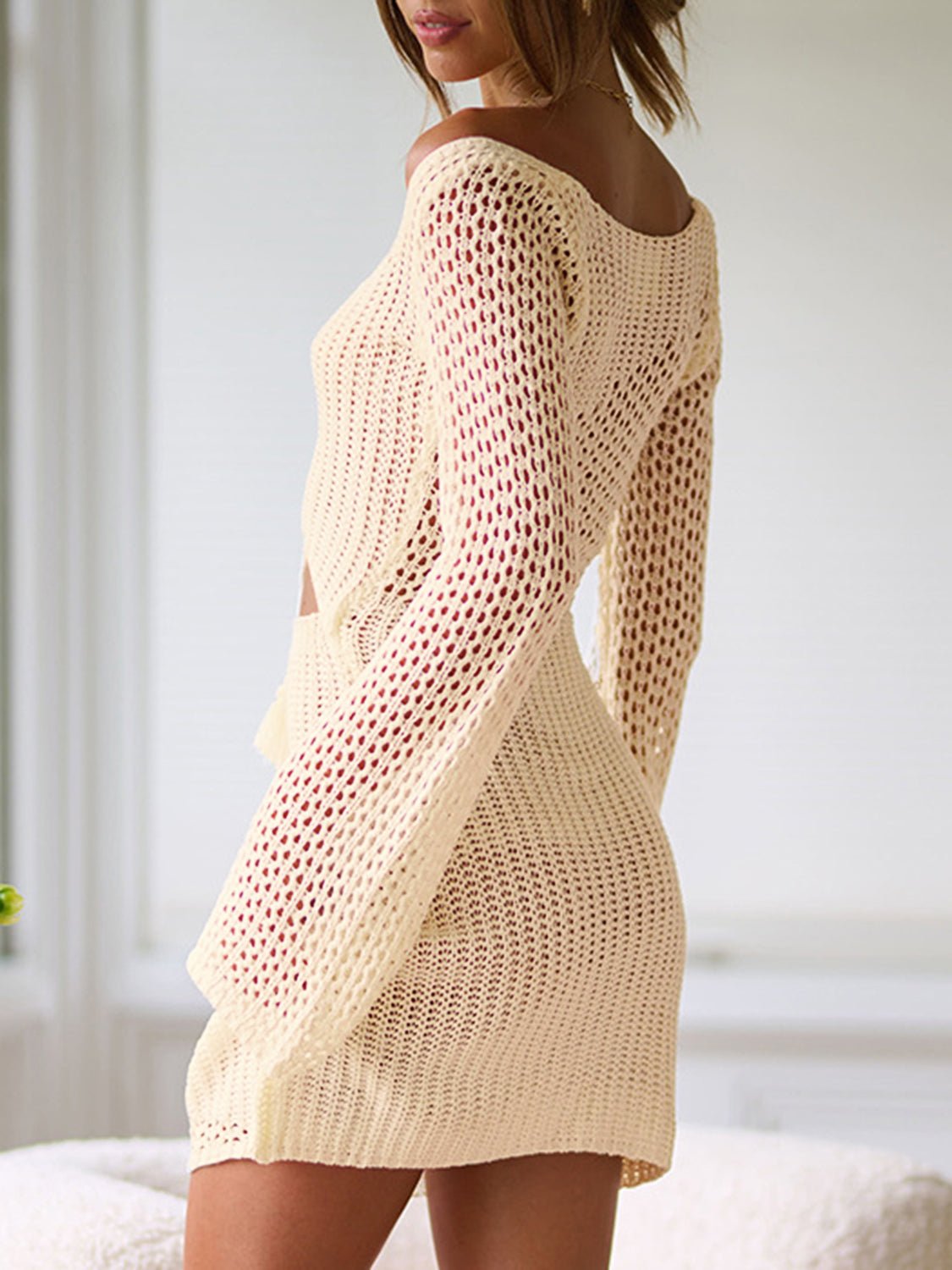 Tie Front Cut Out Openwork Long Sleeve Mini Dress - Global Village Kailua Boutique