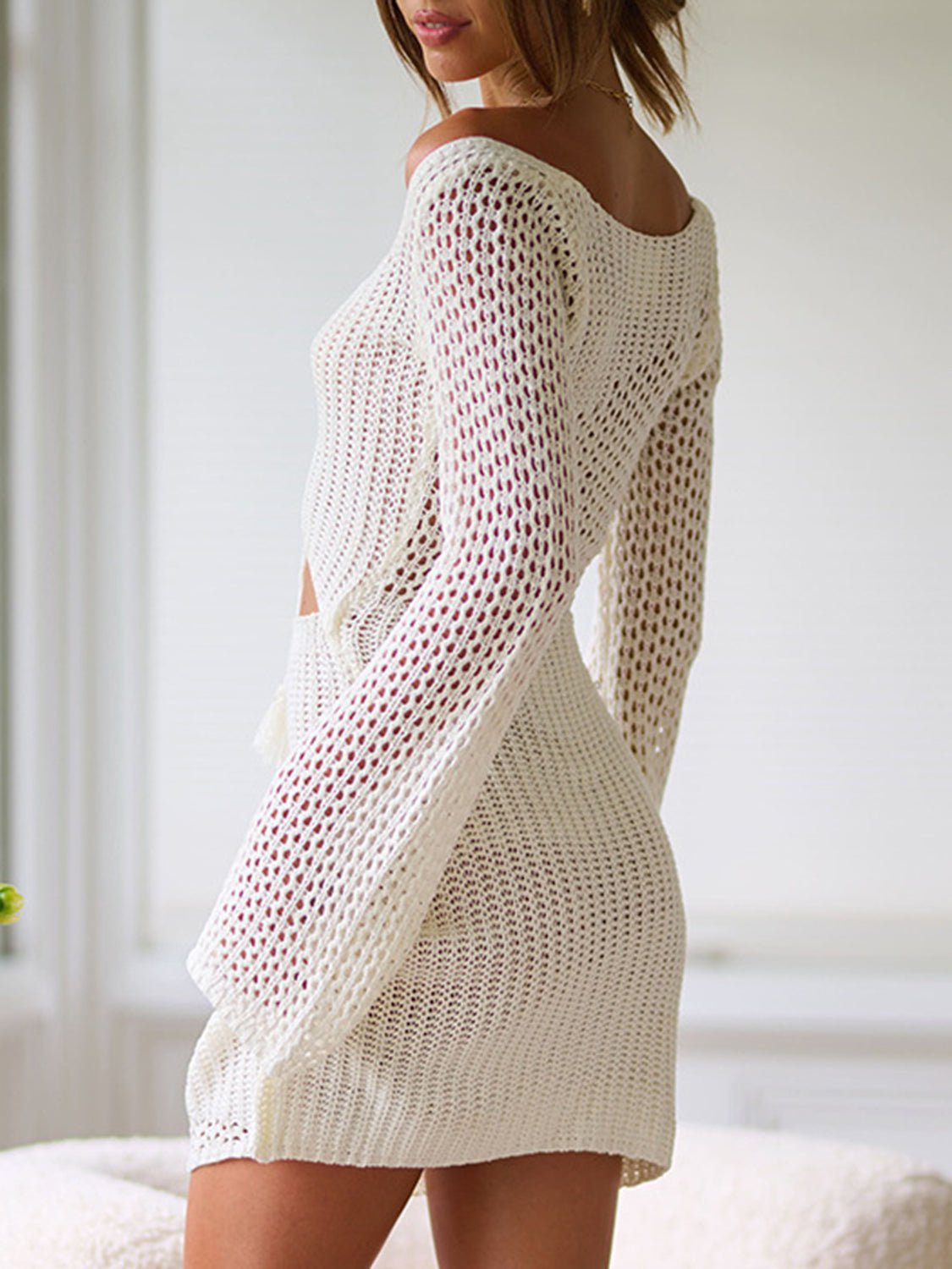 Tie Front Cut Out Openwork Long Sleeve Mini Dress - Global Village Kailua Boutique