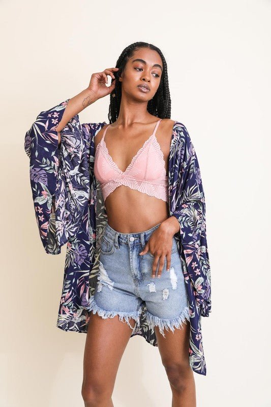 Tropical Leaves Draped Sleeve Kimono - Global Village Kailua Boutique