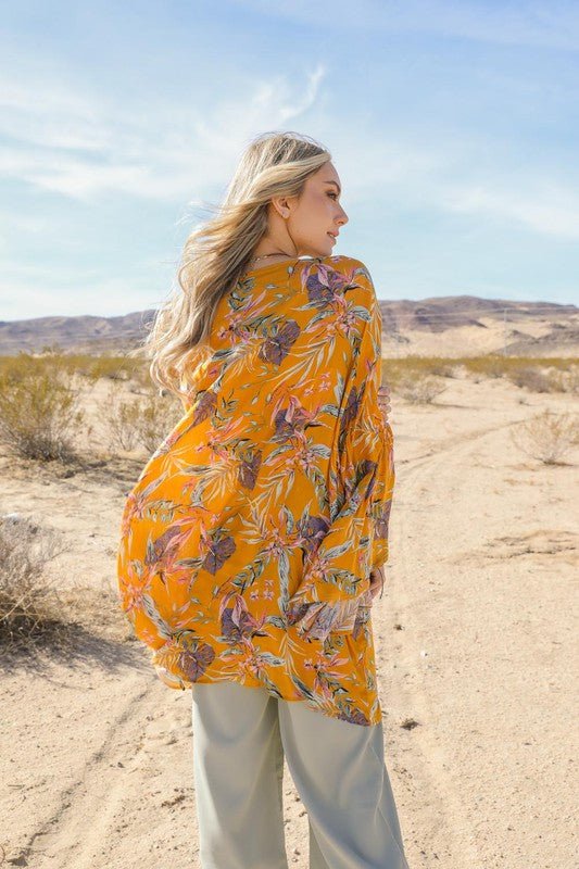 Tropical Leaves Draped Sleeve Kimono - Global Village Kailua Boutique