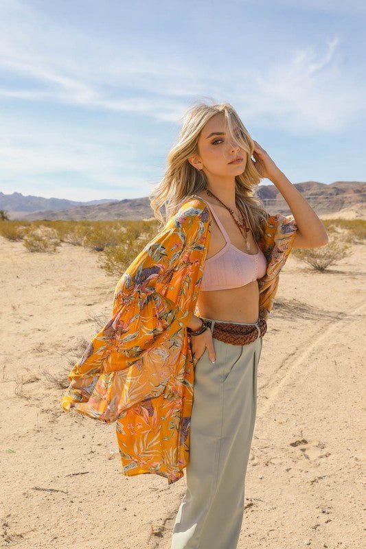 Tropical Leaves Draped Sleeve Kimono - Global Village Kailua Boutique