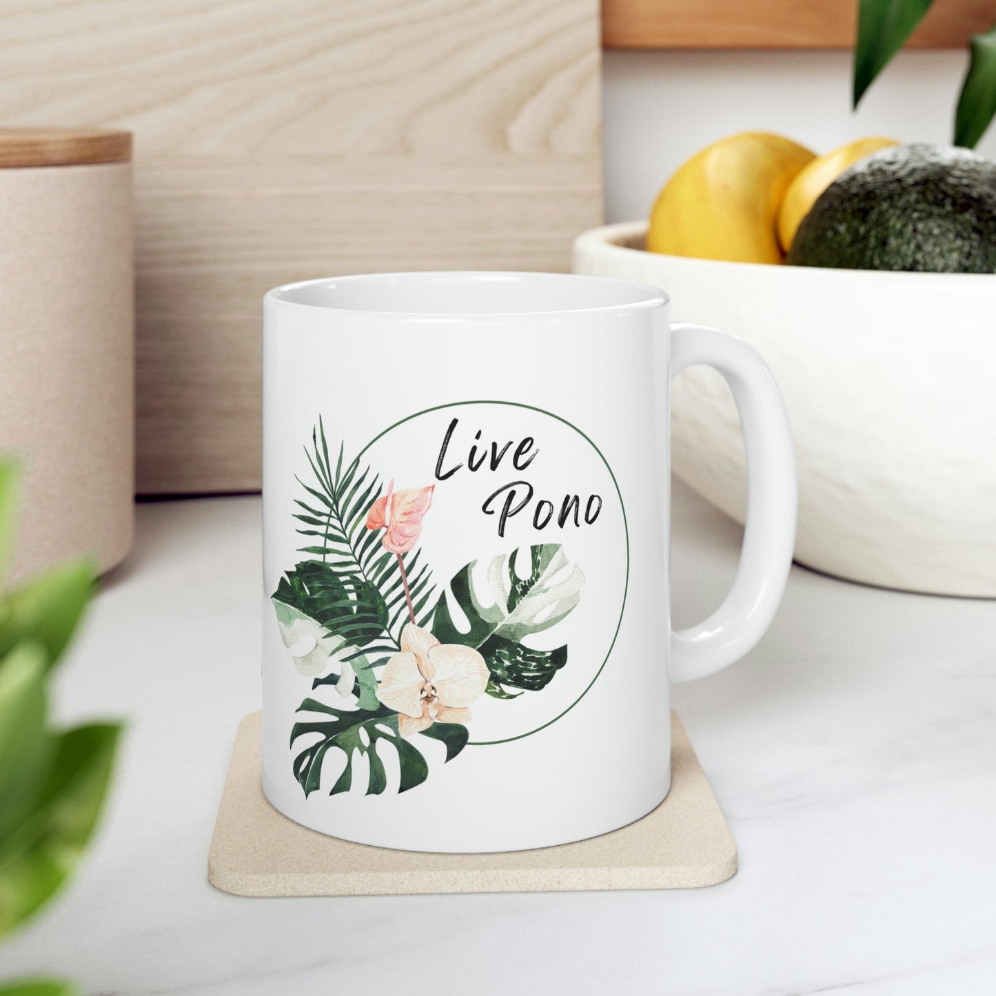 11oz Mug Live Pono Tropical Flowers - Global Village Kailua Boutique