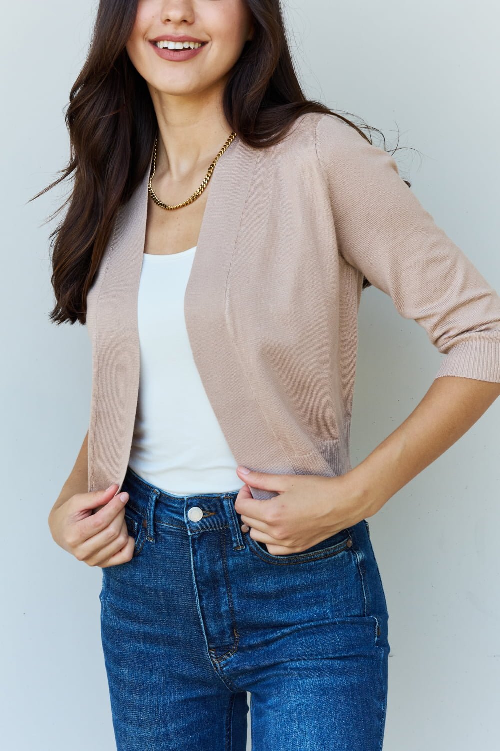3/4 Sleeve Cropped Cardigan Khaki - Global Village Kailua Boutique