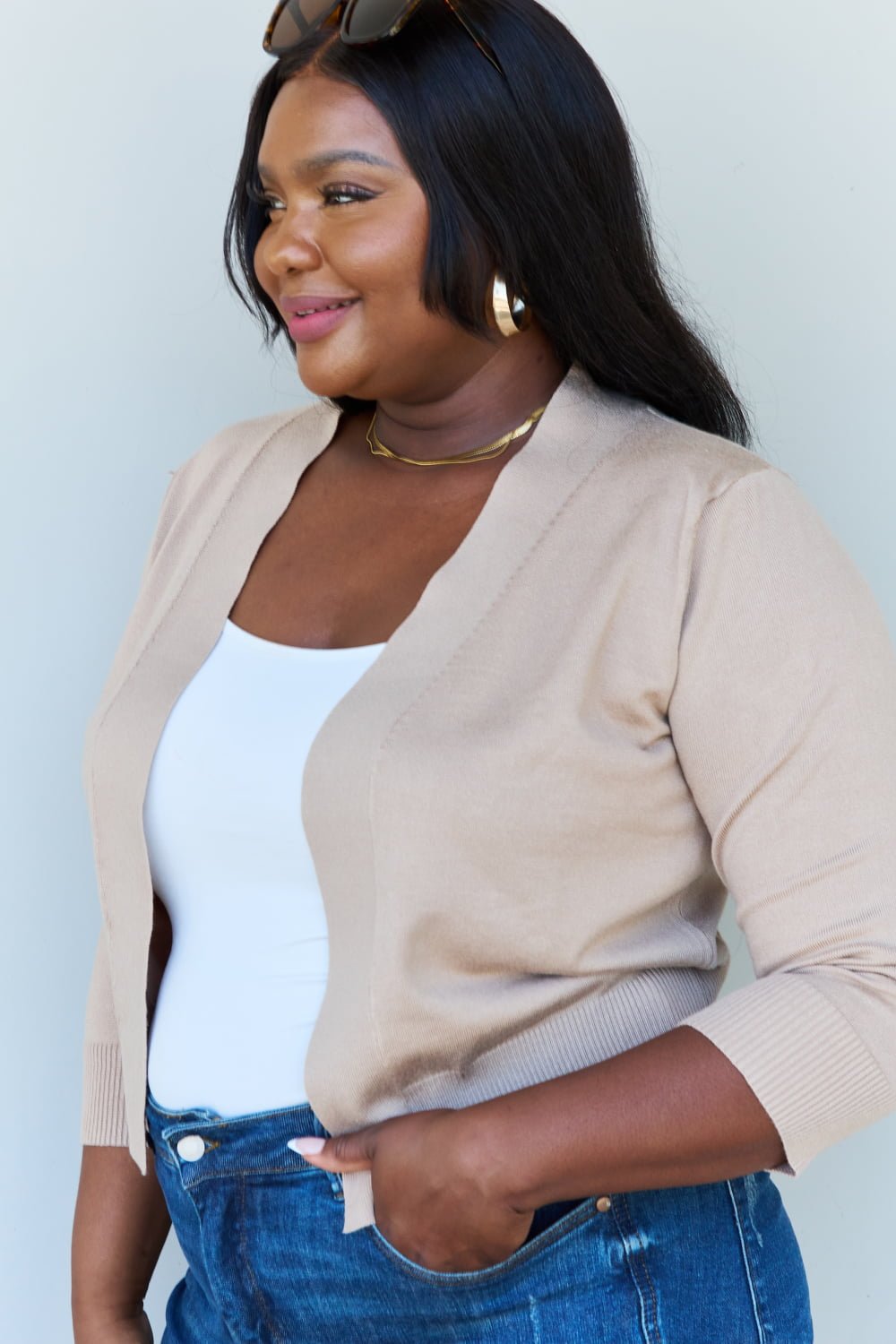 3/4 Sleeve Cropped Cardigan Khaki - Global Village Kailua Boutique