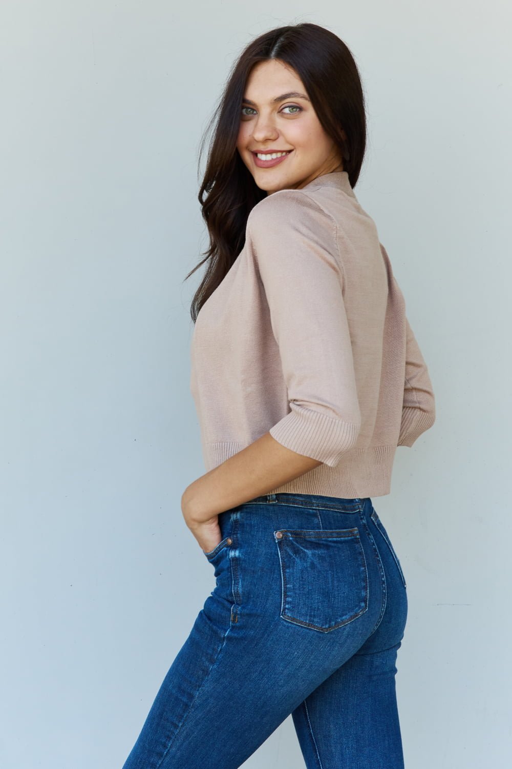 3/4 Sleeve Cropped Cardigan Khaki - Global Village Kailua Boutique