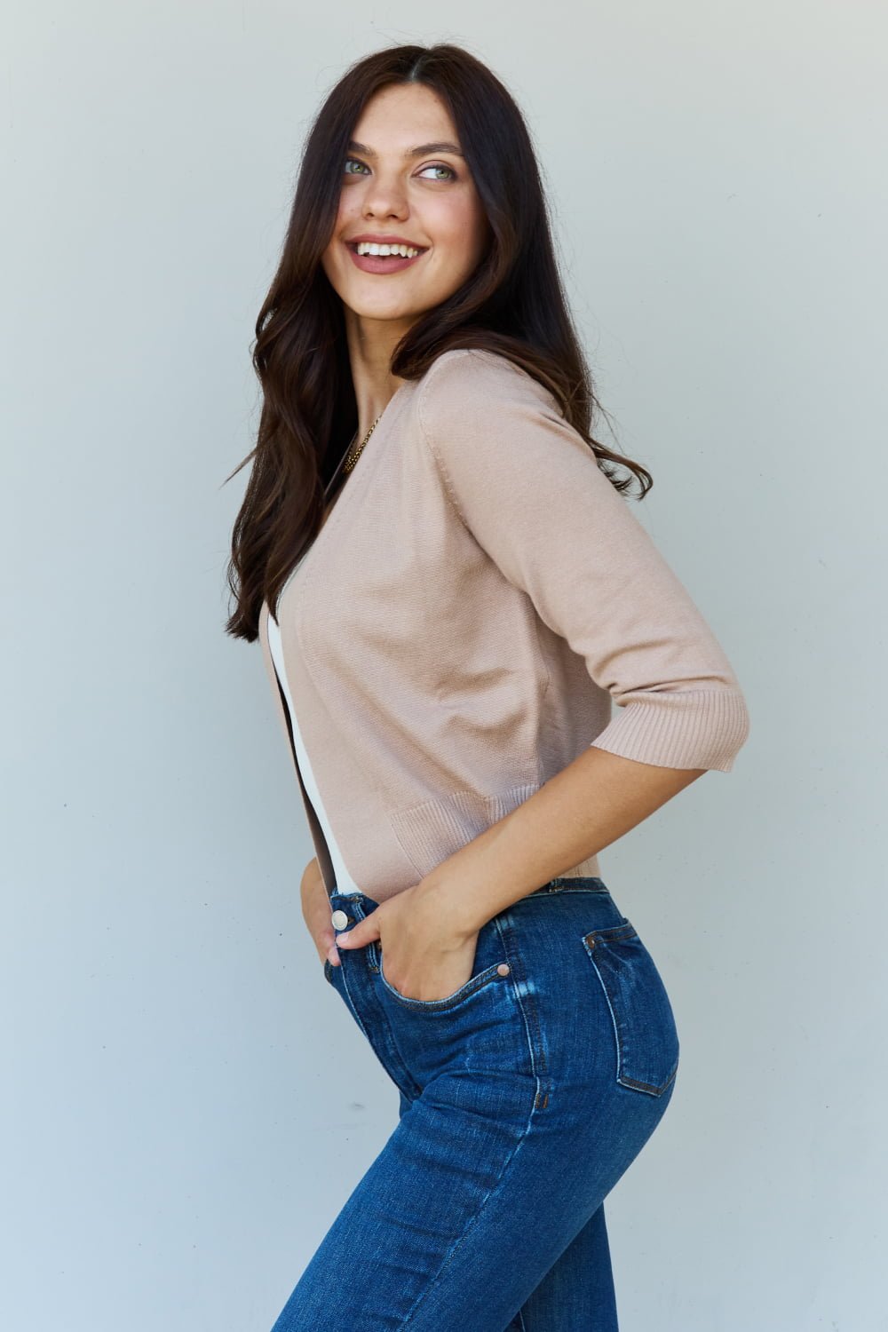 3/4 Sleeve Cropped Cardigan Khaki - Global Village Kailua Boutique