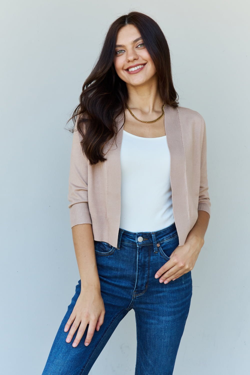 3/4 Sleeve Cropped Cardigan Khaki - Global Village Kailua Boutique