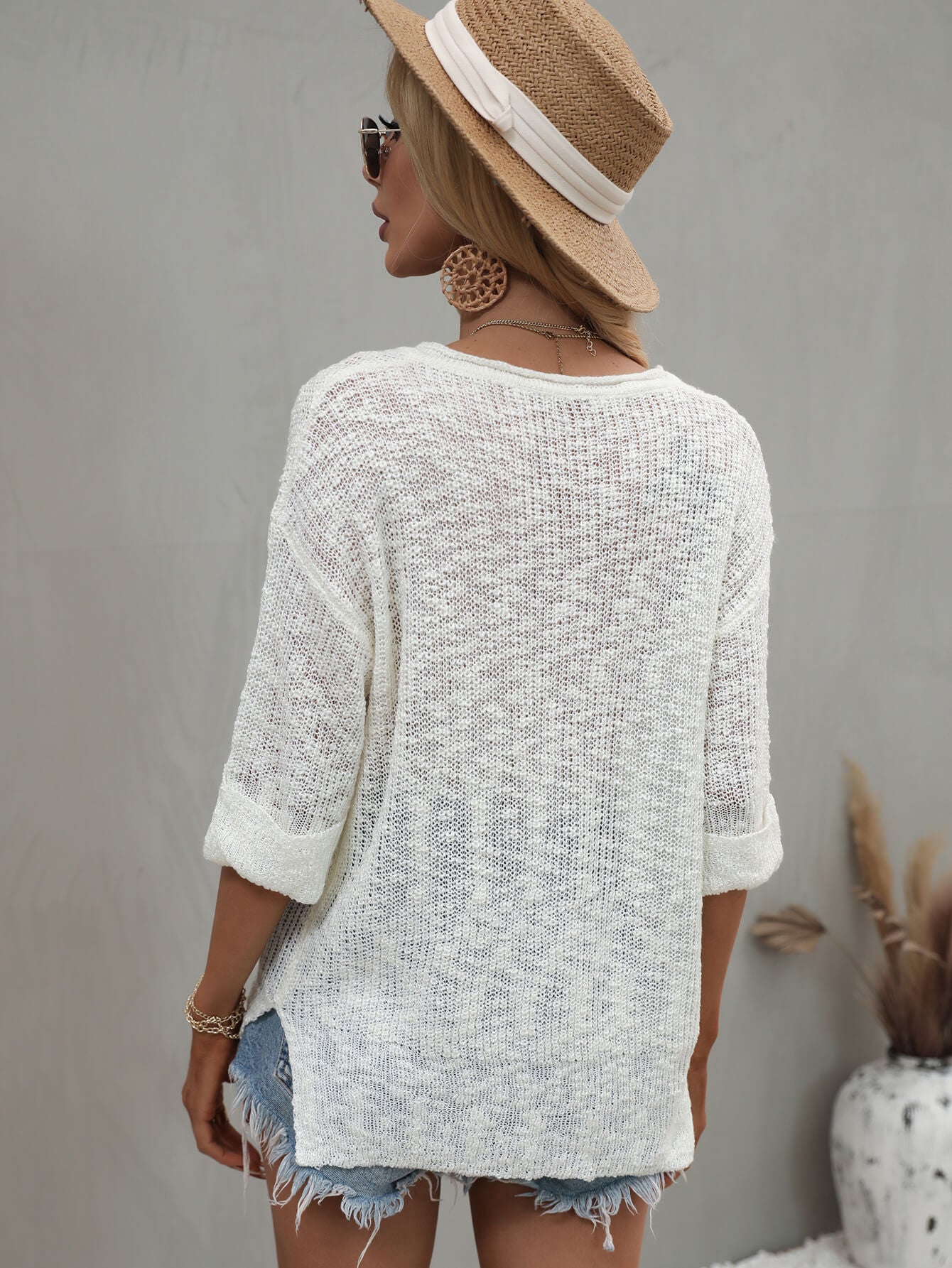 3/4 Sleeve Side Slit Sweater - Global Village Kailua Boutique