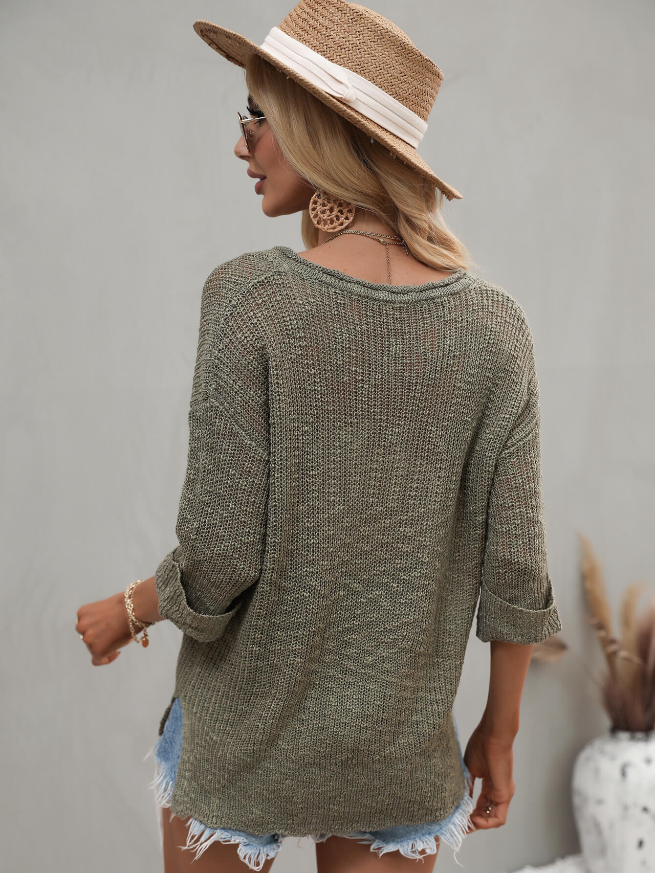 3/4 Sleeve Side Slit Sweater - Global Village Kailua Boutique