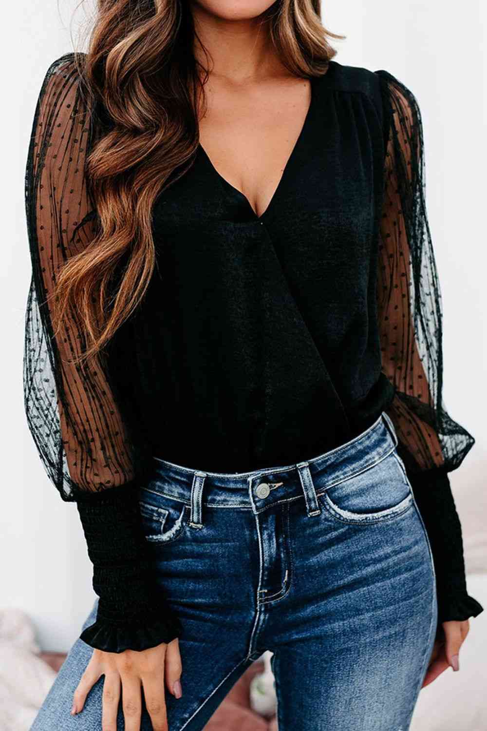 Black Sheer Sleeve Bodysuit - Global Village Kailua Boutique