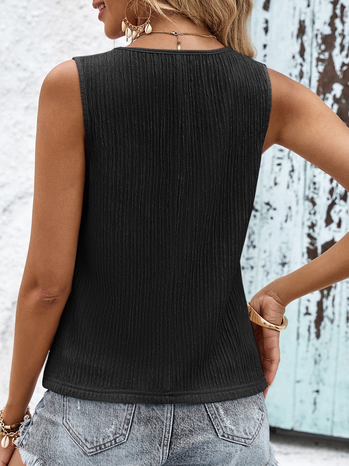 Black V-Neck Tank Top Crochet Trim - Global Village Kailua Boutique