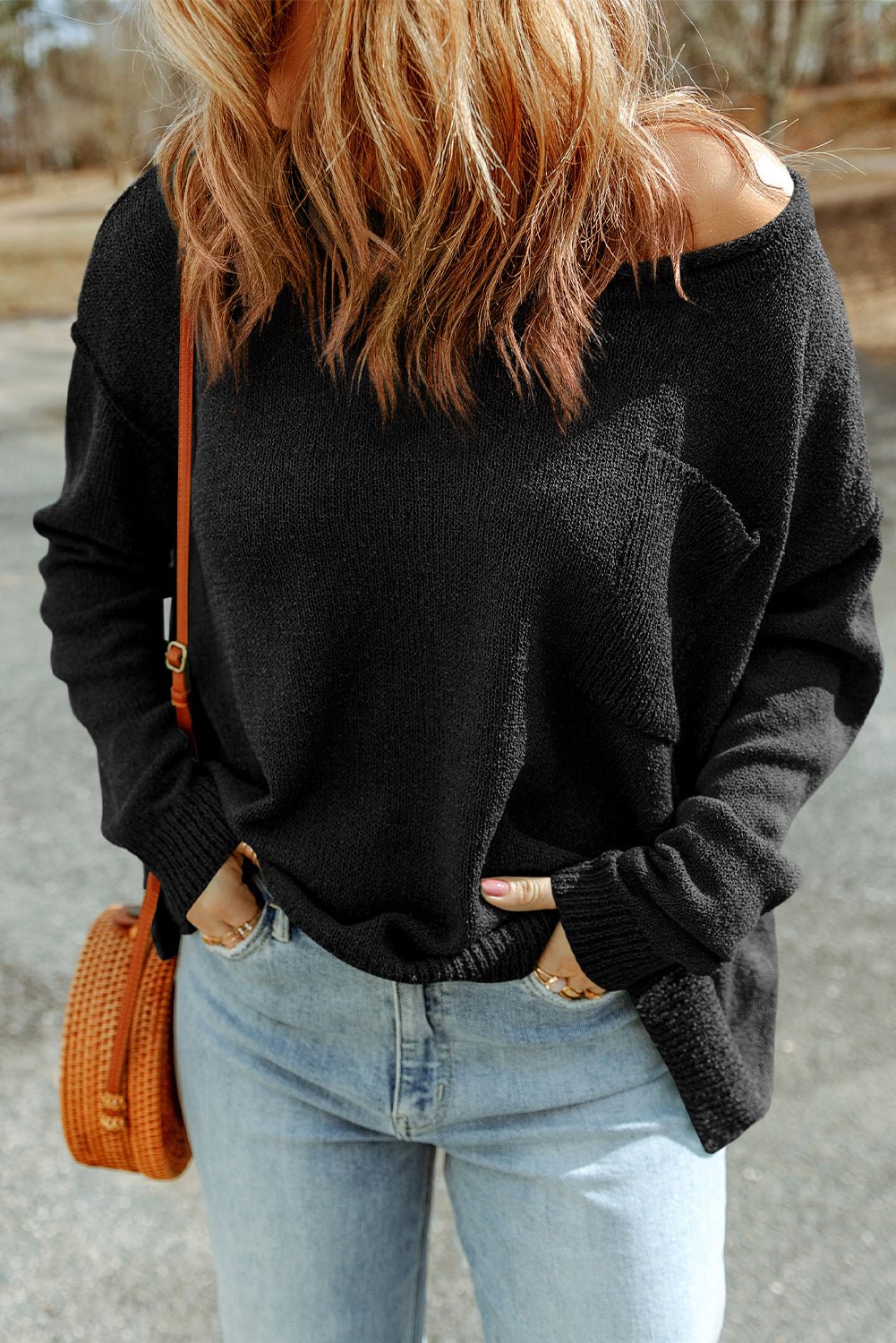 Boat Neck Sweater Pullover with Pocket - Global Village Kailua Boutique