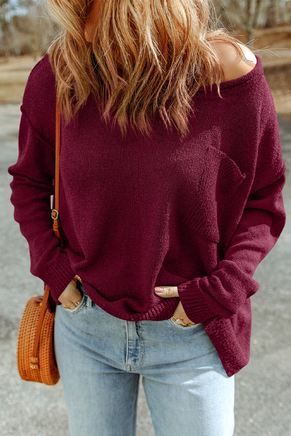 Boat Neck Sweater Pullover with Pocket - Global Village Kailua Boutique