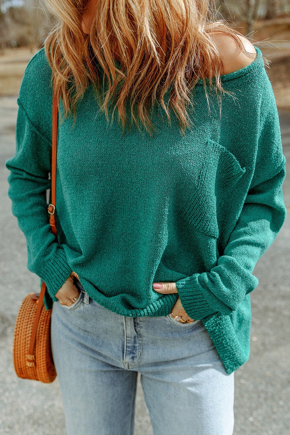 Boat Neck Sweater Pullover with Pocket - Global Village Kailua Boutique