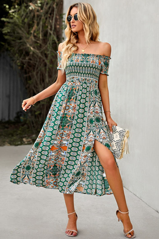 Bohemian Print Off-Shoulder Split Dress Global Village Kailua Boutique