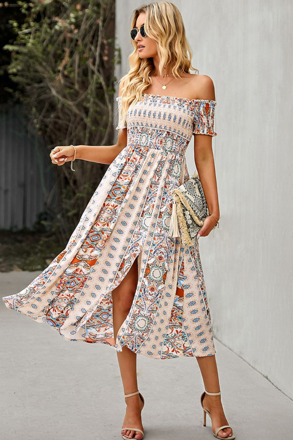 Bohemian Off-Shoulder Frill Trim Split Dress - Global Village Kailua Boutique