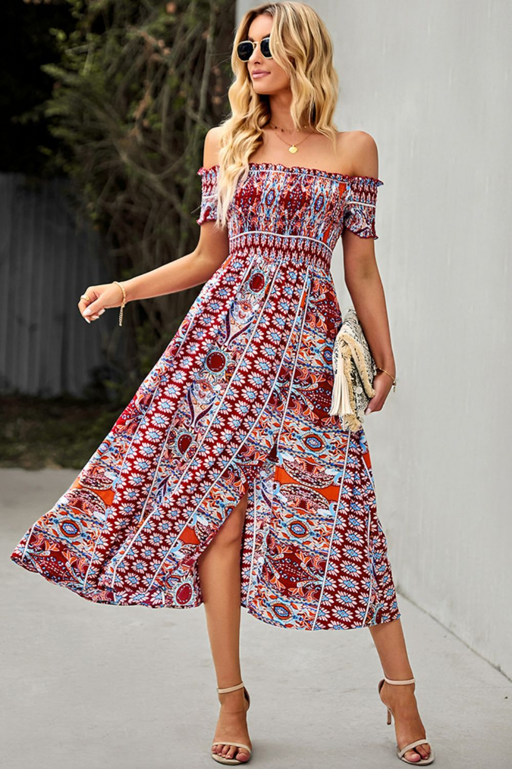 Bohemian Off-Shoulder Frill Trim Split Dress - Global Village Kailua Boutique