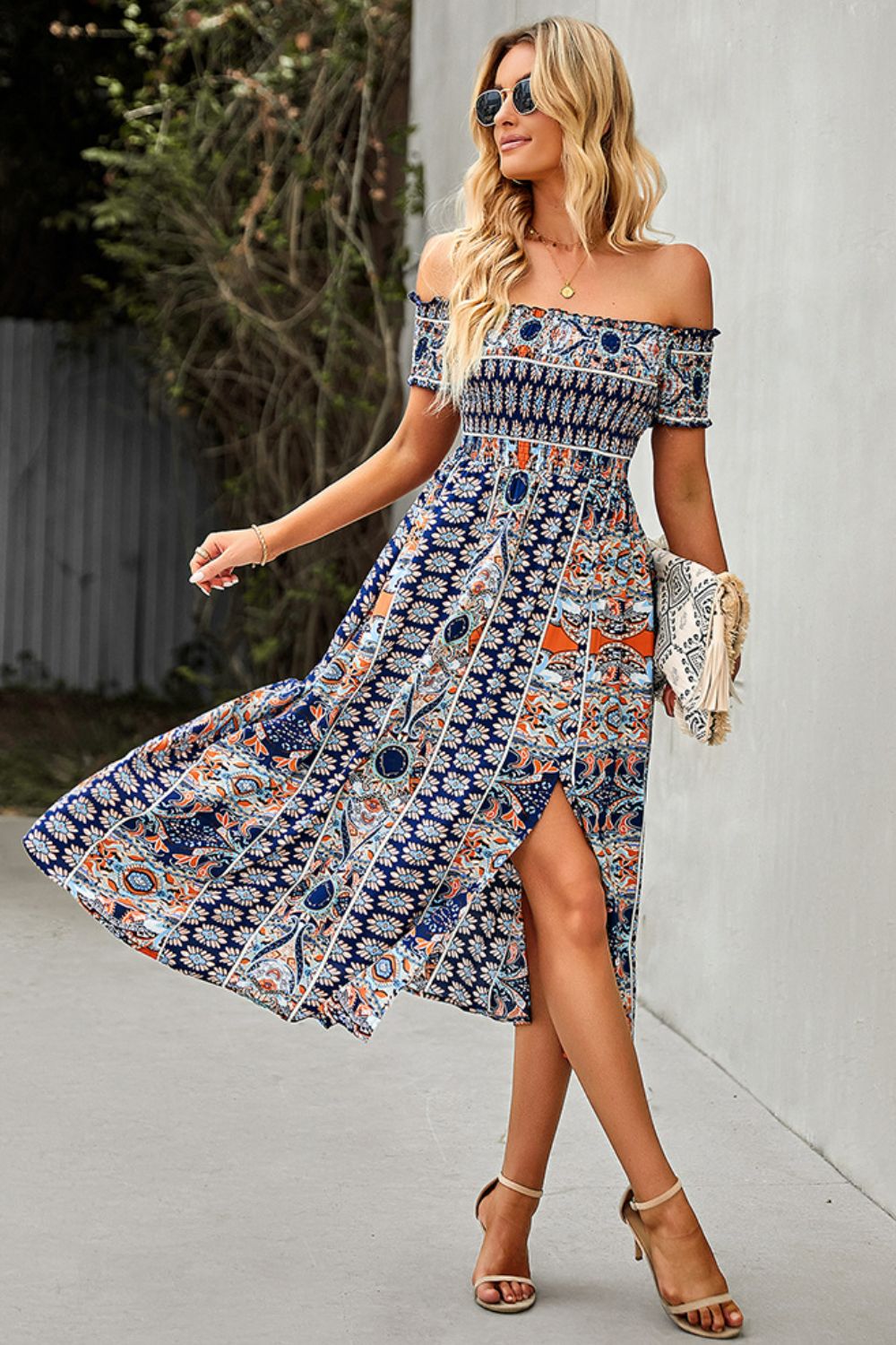 Bohemian Off-Shoulder Frill Trim Split Dress - Global Village Kailua Boutique