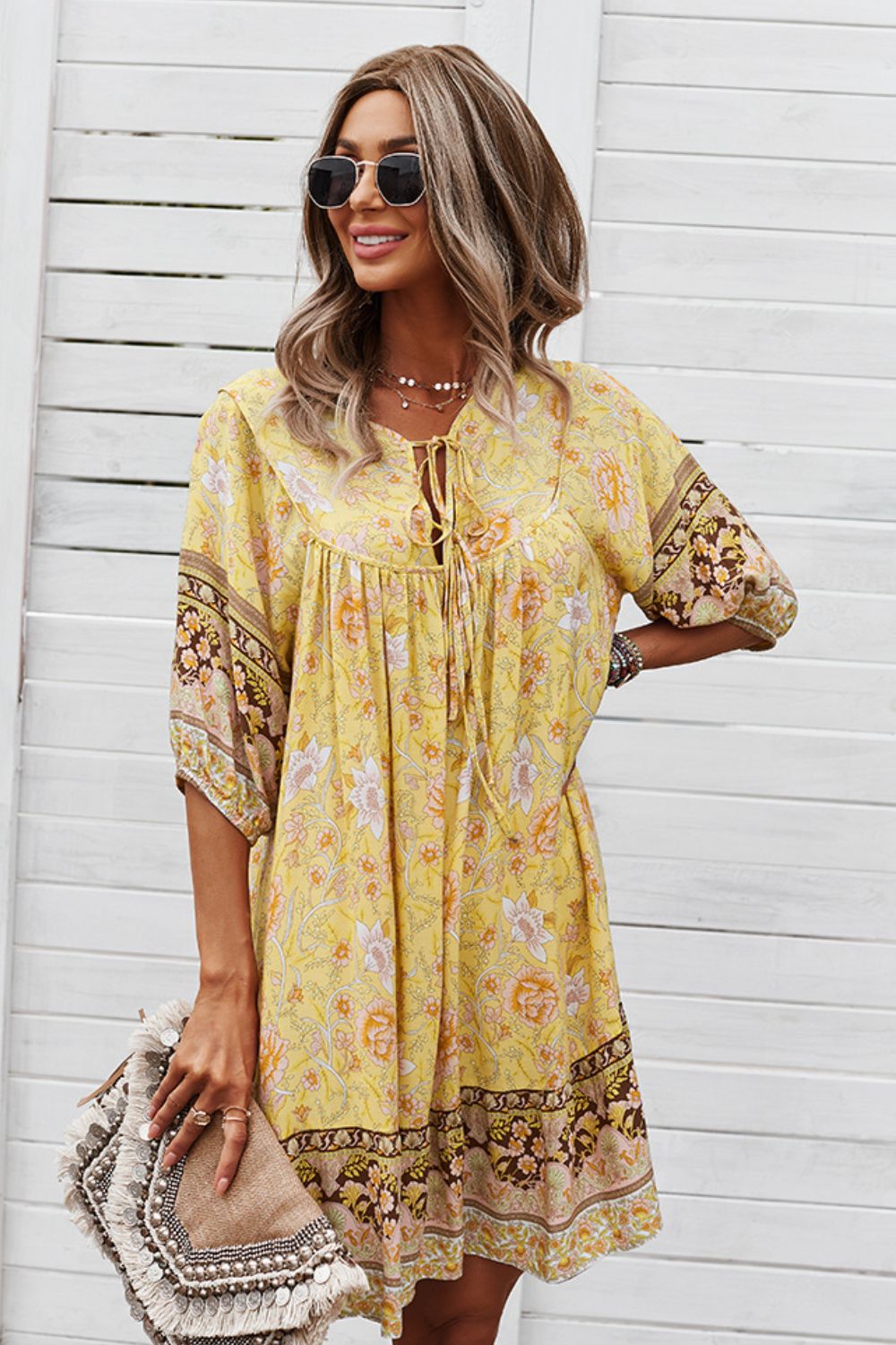 Bohemian Tie Neck Mini Dress - Global Village Kailua Boutique